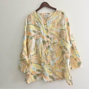 Rachel Zoe 100% Linen Button Down Blouse w Tropical Foliage Leaves Orange 2X